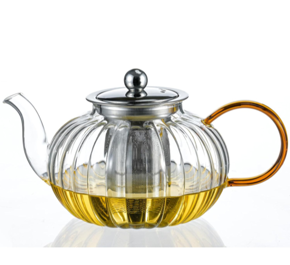 Hand Blown Glass Teapot 33.8oz/1000ml Removable Infuser Halloween Pumpkin Shape